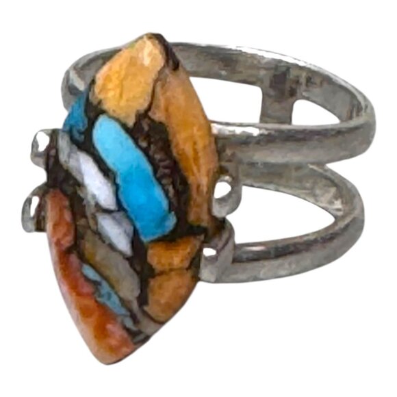 Southwestern Sterling Silver Marquise Inlay Ring Turquoise Spiny Oyster Shells 7 - Picture 4 of 9